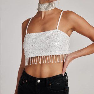 12th Tribe White Sequin Fringe Crop Top, NWT, Size Small